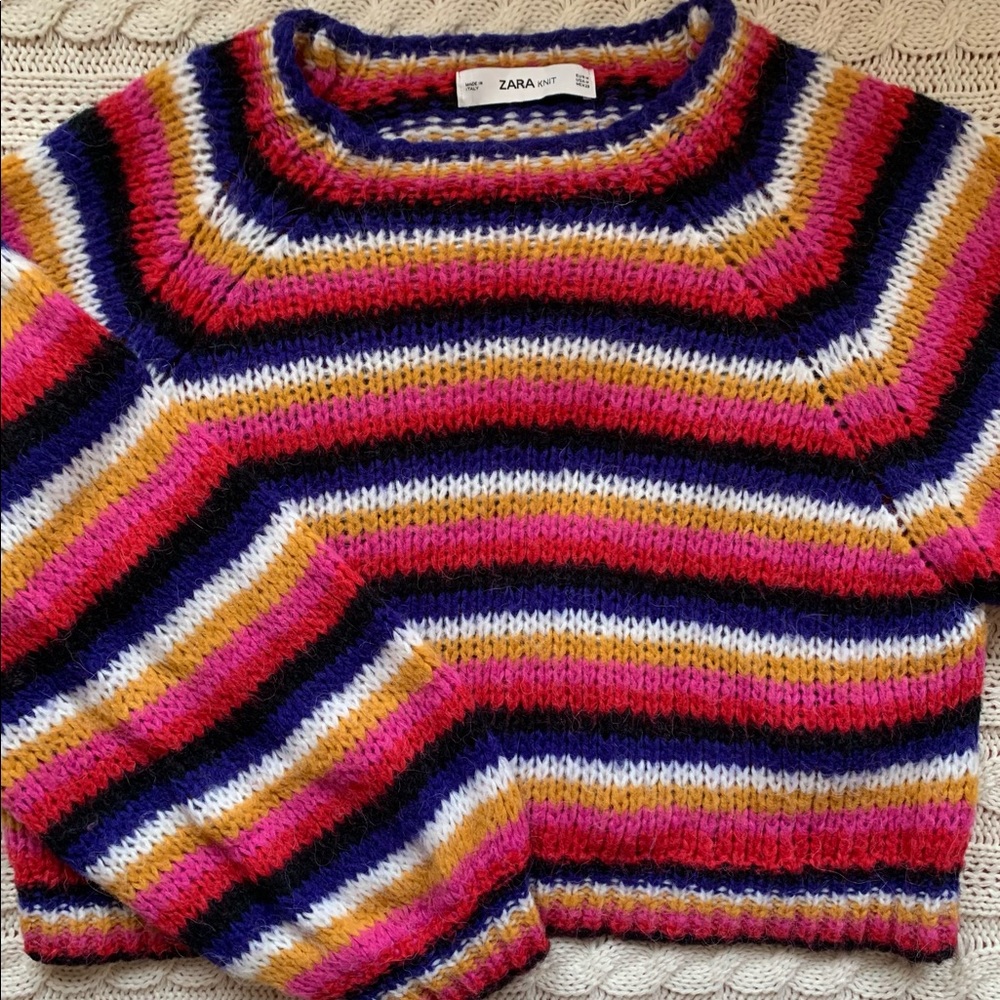 Zara knit, colourful, stripped, balloon sleeve, women’s sweater